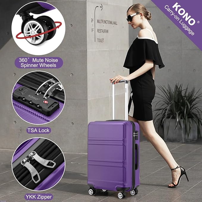 Kono 24 Inch Luggage Suitcase with Spinner Wheels TSA Lock Lightweight PC+ABS Hardside Medium Checked Luggage Durable Rolling Suitcase Purple