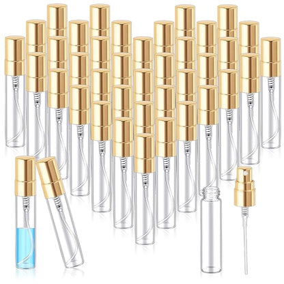 Zhehao 100 Pcs Mini Spray Bottles 5 ml Clear Glass Perfume Bottles Refillable Fine Mist Perfume Atomizer Portable Empty Sample Containers for Cleaning, Essential Oils, Travel (Gold Cap)