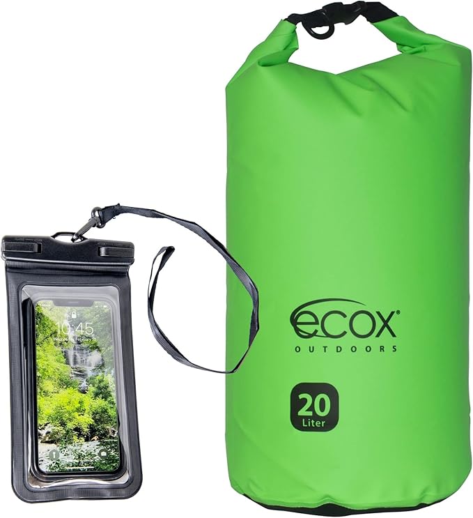 ecox Outdoors Waterproof Dry Bag for Outdoors Activities High Grade 500D PVC Construction Includes Waterproof Phone Case and Side Strap for Easy Carry 10L and 20L Models