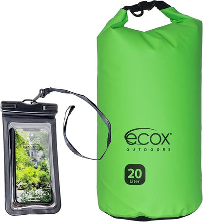 ecox Outdoors Waterproof Dry Bag for Outdoors Activities High Grade 500D PVC Construction Includes Waterproof Phone Case and Side Strap for Easy Carry 10L and 20L Models