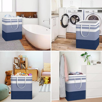 HomeHacks 2-Pack Large Laundry Basket, Waterproof, Freestanding Laundry Hamper, Collapsible Tall Clothes Hamper with Extended Handles for Clothes Toys in the Dorm and Family (Blue, 125L)
