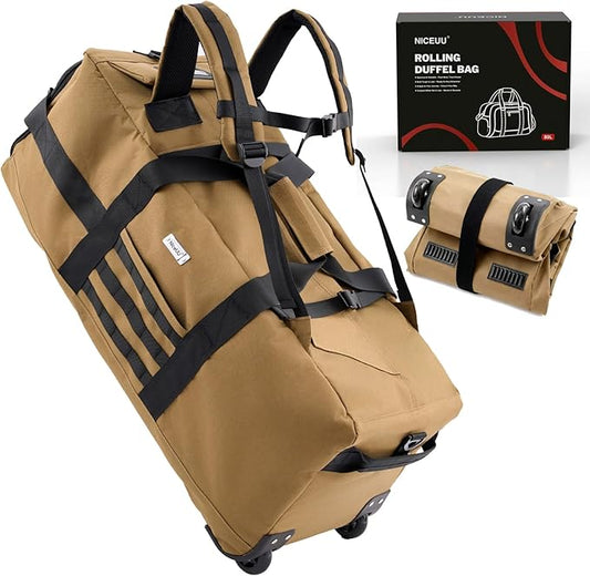80L Waterproof Rolling Duffel Bag with Wheels,Rolling Garment Bag,Military Tactical Wheeled Foldable Backpack For Deployment Traveling Camping Sporting (Khaki)