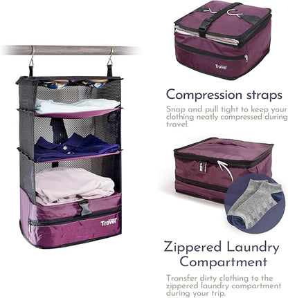 Grand Fusion Stow-N-Go Travel Luggage Organizer – Portable Hanging Travel Shelves, Carry-On Closet Organizer, Hanging Packing Cubes, Collapsible Carry-On Organizer for Cruises & Hotels. Burgundy - L