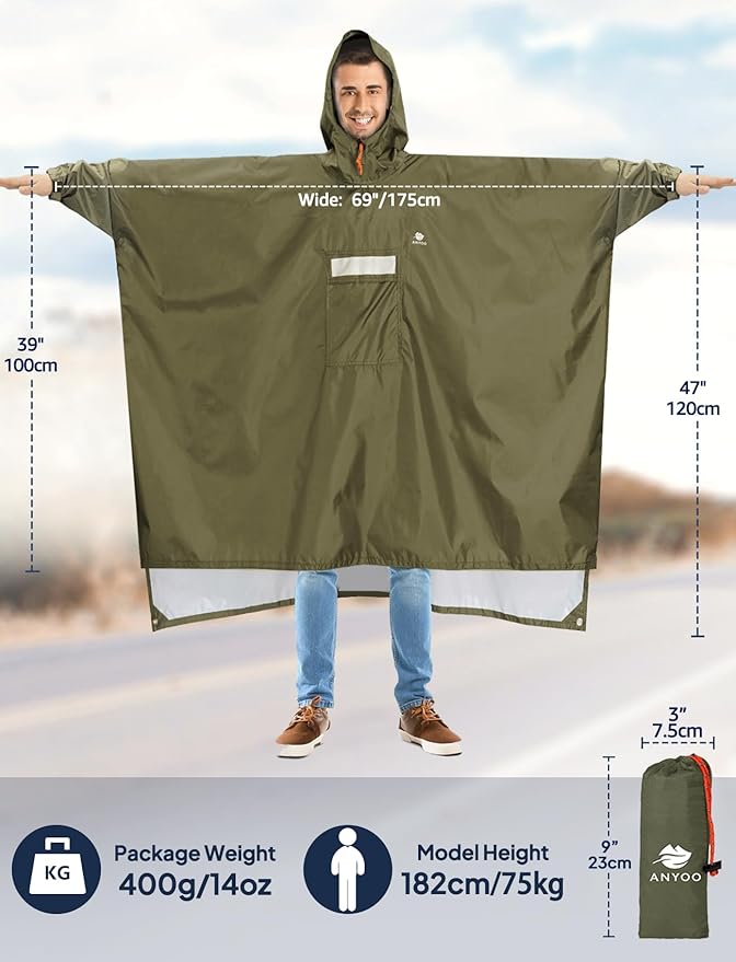 ANYOO Hooded Rain Poncho for Adults Waterproof Lightweight Rain Coat for Men Women Reusable Rain Jacket for Emergency Outdoor