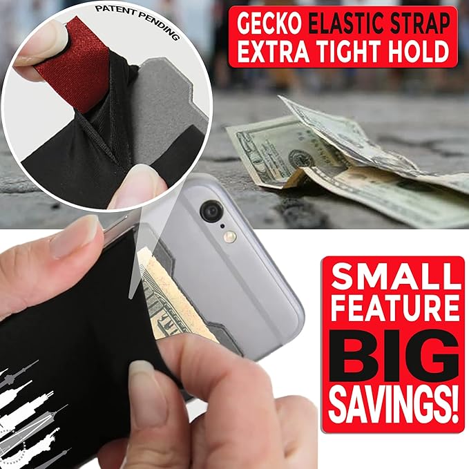 Gecko Travel Tech Double Pocket - Adhesive Card Holder - Cell Phone Pouch - Stick on Spandex Pocket - Carry Credit Cards and Cash (Cityscape)
