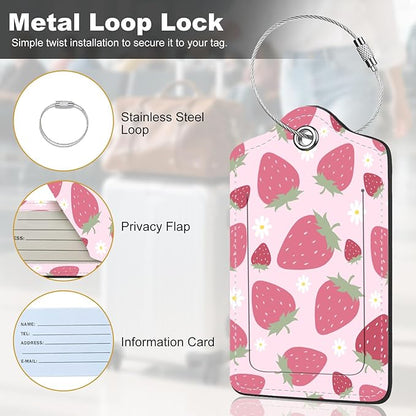 2Pack Luggage Tags for Suitcases, Cute Unique Pu Leather Cruise Luggage Tag with Privacy Cover ID Label Address Card and Metal Ring Suitable for Women Men Kids Travel Bag Pink Strawberry