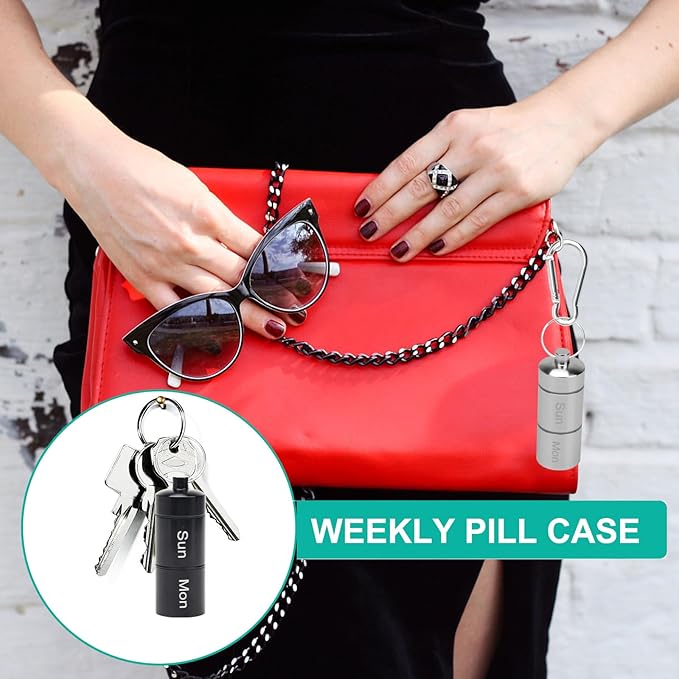 Small Portable Pill Case Keychain for Travel, AngleKai 2 Pack Pill Organizer Box, Waterproof Tablet Container Weekly Medicine Bottle Organizer (Black and Silver)