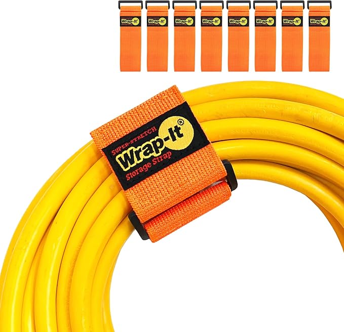 Super-Stretch Wrap-It Storage Straps - 12" (8-Pack) Orange - Elastic Hook and Loop Cinch Straps Extension Cord Organizer Hose and Cables Wraps