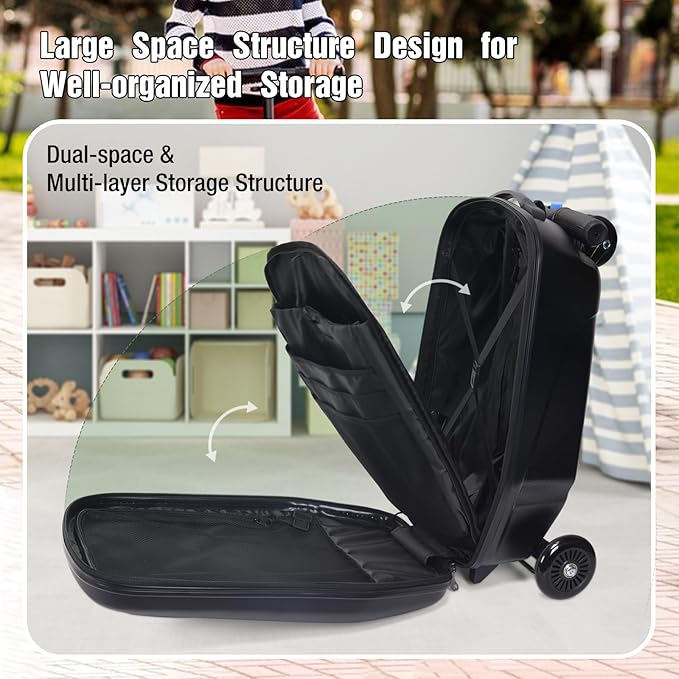 Apelila 20" Scooter Suitcase for Kids, 2-in-1 Ride On Luggage with Wheels for Boys & Girls Ages 4-15, Foldable Hardshell Carry On Lightweight Travel Suitcase for Airplane (Black)