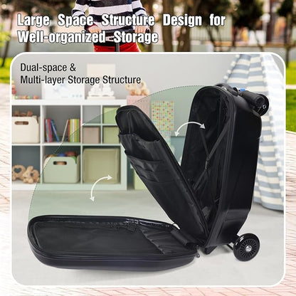 Apelila 20" Scooter Suitcase for Kids, 2-in-1 Ride On Luggage with Wheels for Boys & Girls Ages 4-15, Foldable Hardshell Carry On Lightweight Travel Suitcase for Airplane (Black)