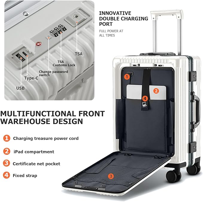 feilario 20in Aluminium Frame Zipperless PC Hard Shell Spinner Wheels Luggage, Built-In TSA lock Carry on Suitcase, with Cup Holder, USB Port, Phone Holder