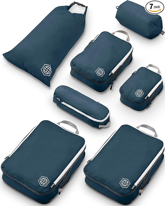 Large Compression Packing Cubes for Travel-Packing Cube Luggage Organizers 7 Piece Set for Checked Luggage-Ultralight, Expandable/Compression Bags by TRIPPED Travel Gear (Navy/White)