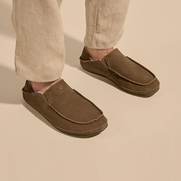 OLUKAI Moloa Slipper, Men's Premium Leather Slip-On Shoes, Soft Genuine Shearling Lining & Gel Insert, Drop-In Heel & All-Day Comfort