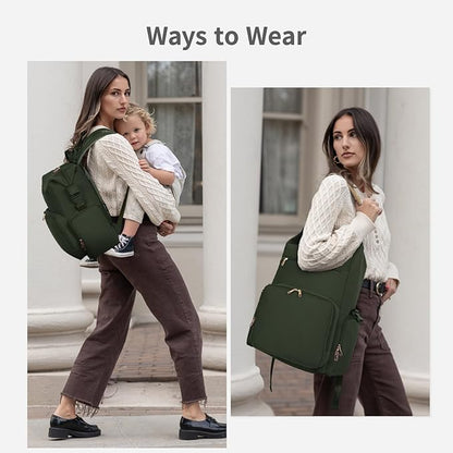 CEI-CEI Neoprene Diaper Bag Backpack with Insulated Pockets, Large Newborn Baby Maternity Bags Travel Tote with Changing Pad (Army Green)