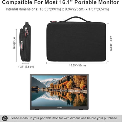 16.1/15.6 Inch Portable Monitor Case, 15.6 inch Laptop Protective Carrying Cover with PU Handle, Large Accessory Pocket and Water Resistant for Travel Monitor Bag Display Screen Sleeve, Black