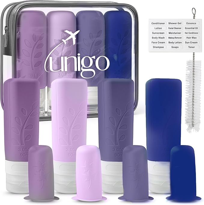 unigo Travel Bottles For Toiletries, 4-pack TSA Approved Containers, Travel Size Toiletries, Shampoo and Conditioner Bottles, Leak Proof and Refillable Bottles, BPA Free, Extra Bottle Covers (Purple)