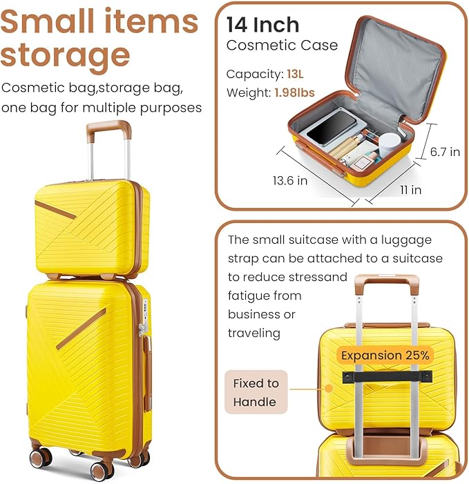 Merax Luggage 4 Piece Set Hardside Expandable Suitcase Set with Case,Travel Luggagewith Spinner Wheels,Airplane Approved Carry On Luggage Sets,Yellow,14/20/24/28
