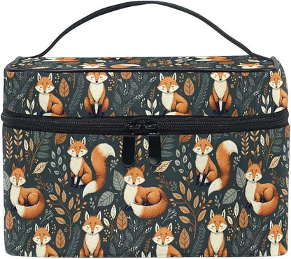 MNSRUU Makeup Bags, Fox and Leaves Makeup Organizer Bags Toiletry Bag Box Travel Cosmetic Bag Make Up Train Case for Women Teen Girl Ladies