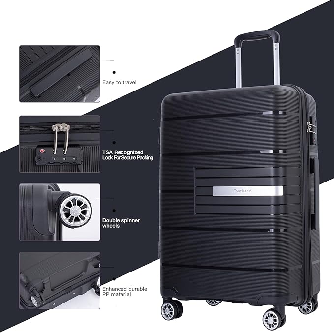 Travelhouse Luggage Sets, Expandable Hardside Suitcases 24in/28in, Carry on 20in,3 Piece Set Travel Luggages Clearance with Double Spinner Wheels TSA Lock Lightweight (Black-1206)