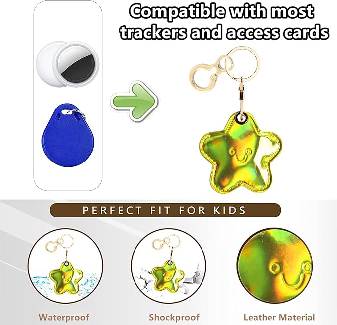 Leather Keychain Holder Case Compatible with AirTag,Cute Protective Shiny Charm Cover with Keyring,Anti-Scratch Finder GPS Tracker Case for Wallet Keys,Bag,Pets(Star)