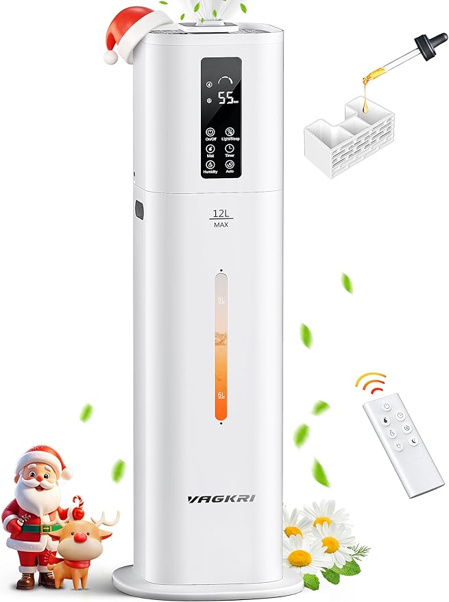 VAGKRI 12L Humidifiers for Large Room, Last 120 Hours, Cover up to 1000ft², Top Fill Ultrasonic Cool Mist Humidifier, 3 Mist Level, 24H Timer, Essential Oil Diffuser Humidifiers For Bedroom, Home