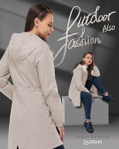 33,000ft Women's Waterproof Long Rain Coats Packable Rain Jacket with Hood Trench Coats Windbreaker