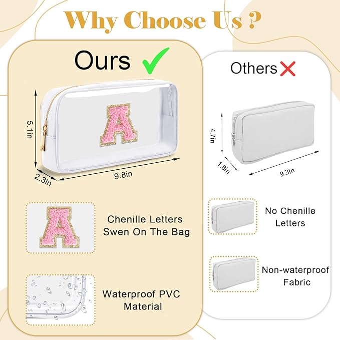 Personalized Initial Letter Clear Makeup Bag,Preppy Small Nylon&PVC Cosmetic Zipper Bag with Chenille Letter,Travel Skincare Toiletry Bag,Monogram Christmas Gift for Teen Girls Women,I