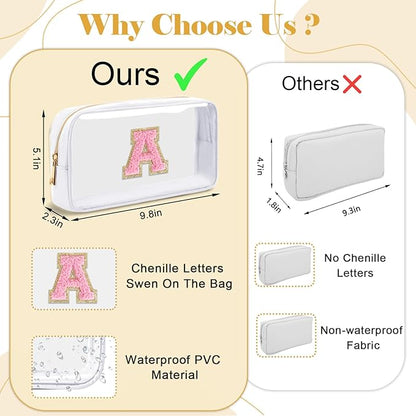 Personalized Initial Letter Clear Makeup Bag,Preppy Small Nylon&PVC Cosmetic Zipper Bag with Chenille Letter,Travel Skincare Toiletry Bag,Monogram Christmas Gift for Teen Girls Women,V