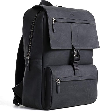 Leather Backpack for Men & Women, Classic Black - Handcrafted Top Grain Leather vintage backpack with 17-Inch Laptop Sleeve - Lightweight, Stylish & Durable for Business, Travel, Work & Everyday Use
