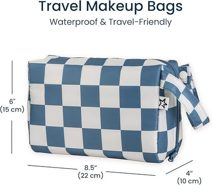 Tiny Twinkle Waterproof Travel Toiletry & Makeup Bag Organizer | Makeup Pouch with Multiple Compartments & Snap Handle for Travel | Gift for Teen Girls and Women（Blue Checkers