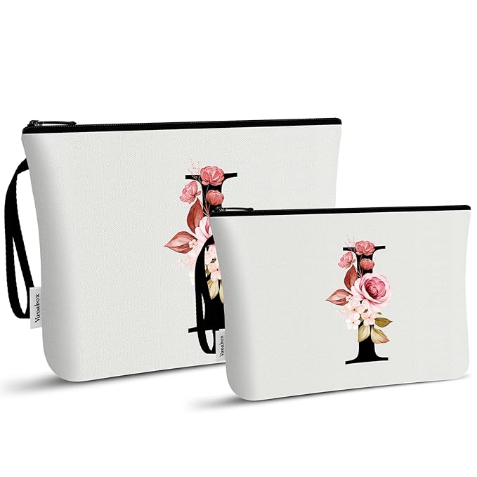 Vavabox A-Z Personalized Makeup Bag, Birthday Gifts for Women Mom, Gifts for Best Friend, Bride Bridesmaid Cosmetic bag (I, 03-White Set)