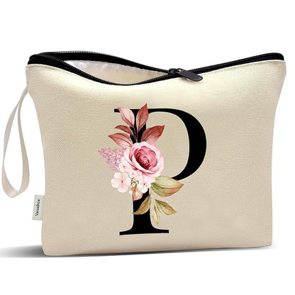 Vavabox A-Z Personalized Makeup Bag, Birthday Gifts for Women Mom, Gifts for Best Friend, Bride Bridesmaid Cosmetic bag (P, Yellow)