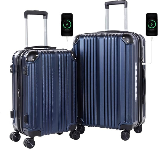 OUZZO Luggage Sets 2 Piece Expandable 20/24 Inch Suitcase with Double Spinner Wheels Lightweight ABS+PC Hardshell Travel Suitcase Sets with TSA Lock USB Port Business & Family Trips