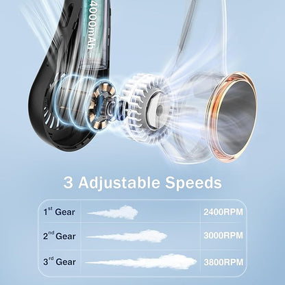Neck fan, Portable Fan with 5-17H Lifespan, 4000mAh Neck fan air conditioner with 3 Adjustable Speeds and 64 Cool Lights, Rechargeable Neck Fan, Hands-Free Cooling fan for Summer (Black)