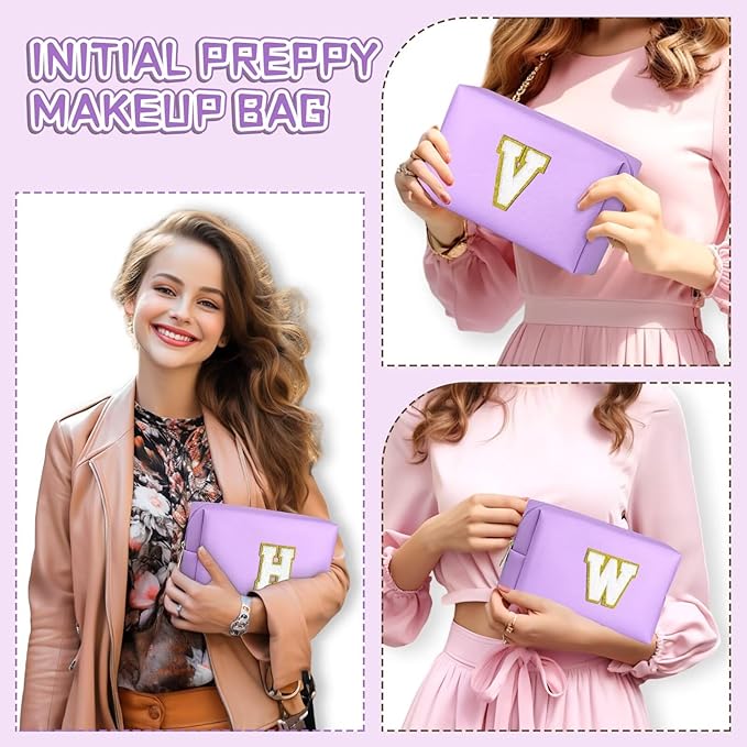 TOPEAST Birthday Gifts for Girls, Travel Makeup Bag Chenille Letter Pouch Cosmetic Bag, Makeup Travel Organizer, Monogrammed Bridesmaid Gifts for Women, Cute Stuff for Girls (Purple J)