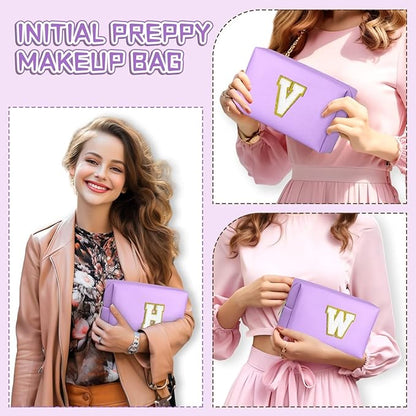 TOPEAST Preppy Stuff Cute Makeup Bag Small Cosmetic Bag Travel Toiletry Bag, Personalized Birthday Wedding Gifts for Mom Teacher Friends Bridesmaids, Preppy Travel Stuff for Girls (Purple N)