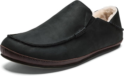 OLUKAI Moloa Slipper, Men's Premium Leather Slip-On Shoes, Soft Genuine Shearling Lining & Gel Insert, Drop-In Heel & All-Day Comfort