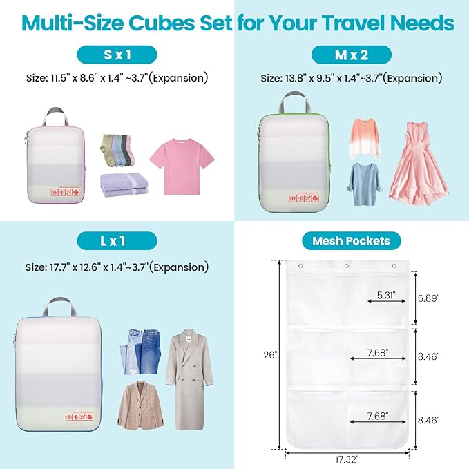 Cambond Compression Packing Cubes for Travel Women - Expandable Travel Bags Luggage Organizers Travel Essentials Compression Cubes for Travel Carry on Suitcases Organizer