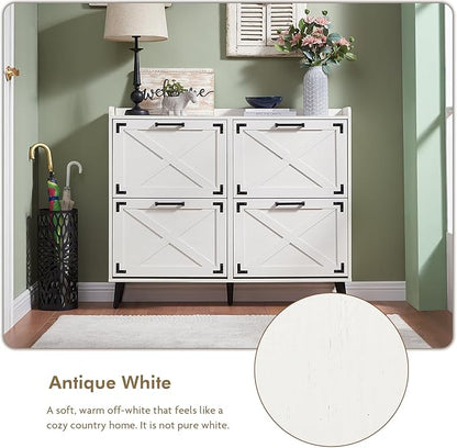 Shoe Storage Cabinet,Farmhouse Shoe Organizer with 4 Flip Drawers & Barn Door Design,Freestanding Hidden Slim Narrow Shoe Rack Cabinet for Entryway,Foyer,Hallway,Antique White