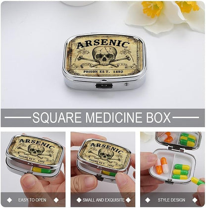 Metal 2 Compartment Pill Organizer Travel Friendly Portable Compact Pill Box Cute Pill Case to Hold Vitamins,Fish Oil,Supplements,Meds,Tablet for Purse,Pocket. (Vintage Skeleton)