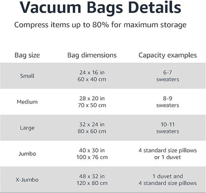 Amazon Basics Vacuum Compression Space Saving Storage Bags with Hand Pump for Clothes Packing, Ideal for Blankets, X-Jumbo Pack of 4