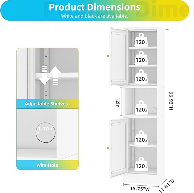 Tall Narrow Storage Cabinet - 67" Slim Bathroom Organizer with 3 Adjustable Shelves, 2 Doors (Left/Right Opening),Metal Floor Cabinet for Small Spaces, Bathroom & Kitchen (Metal, White)