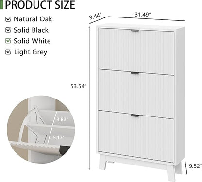 Shoe Cabinet with 3 Flip Drawers, 54" Tall Narrow Fluted Shoe Storage Organizer for Entryway, Hidden Slim Wooden Shoe Rack Cabinet for Front Door Entrance, Hallway, Living Room, Solid White