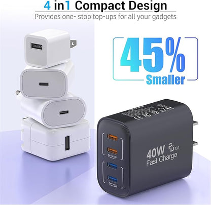 40W USB C Charger Block, 2-Pack, 4 USBC Ports, Type C Wall Plug USB-C Fast Charging, iPhone Charger Adapter Box Cube for iPhone 17,17 Pro, 17 Pro Max,16, 15, 14, 13, 12, Samsung Phone-Black