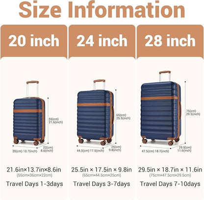 Kono Luggage Set 3 Pieces Expandable PC ABS Durable Suitcase Hardside with Double Spinner Wheels Tsa Lock Navy(20in/24in/28in)