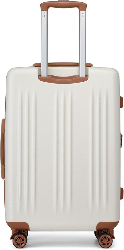 Kono Lightweight 24 Inch Expandable Luggage with Quiet Spinner Wheels TSA Lock, Scratch and Drop Resistant PC+ABS Hardside Durable Medium Checked Suitcase, Cream White & Brown