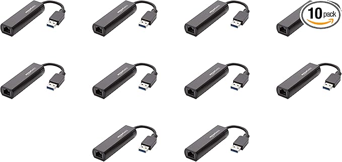 Amazon Basics USB 3.0 to 10/100/1000 Gigabit Ethernet Internet Adapter, 10-Pack, Black