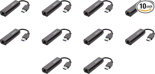 Amazon Basics USB 3.0 to 10/100/1000 Gigabit Ethernet Internet Adapter, 10-Pack, Black