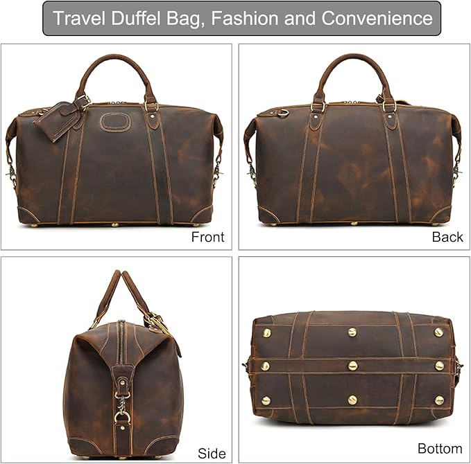 Full-grain Genuine Leather Travel Bag Large Capacity Luggage Duffel Bag for Men Shoulder Handbag Holiday Business Trip Bag, Brown