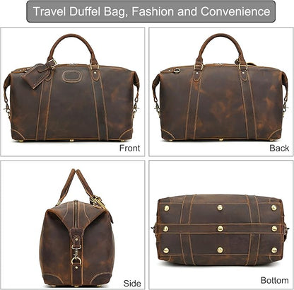 Full-grain Genuine Leather Travel Bag Large Capacity Luggage Duffel Bag for Men Shoulder Handbag Holiday Business Trip Bag, Brown
